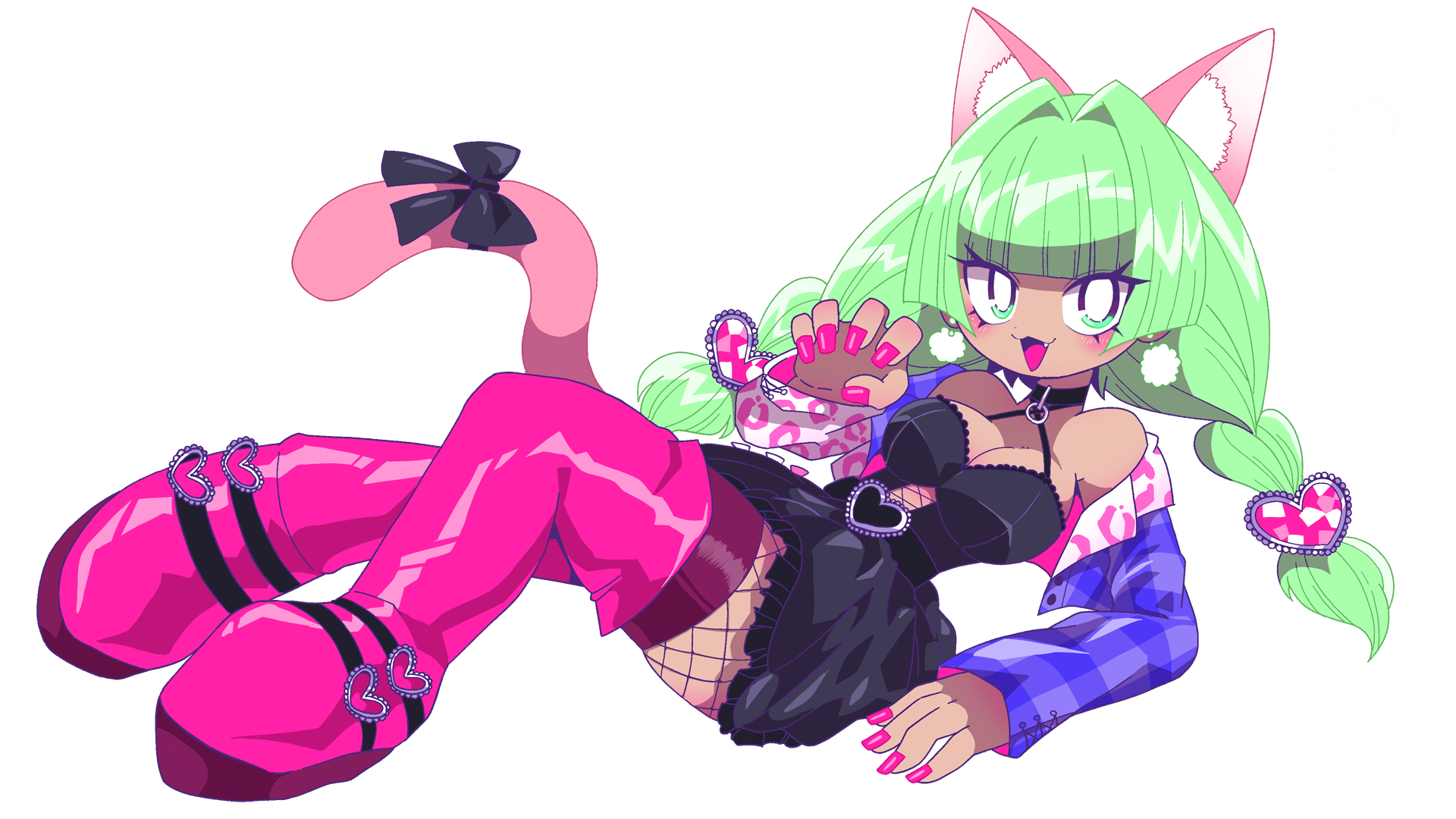 An image of Poneko, a radioactive cat girl, lounging while showing off her nails.